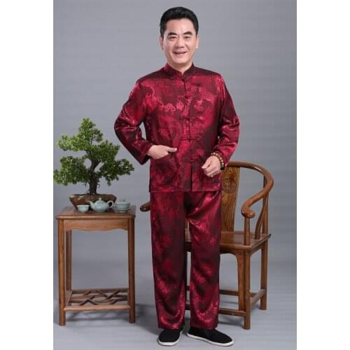 Men Satin Kung Fu Suit Chinese Dragon Wu Shu Uniform Tai Chi Clothing Long Sleeve Shirt+Long Pant red Sets Plus Size 4XL