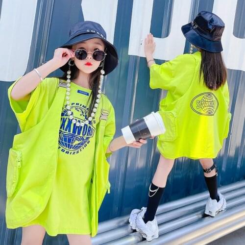 Girls Cool Tops Clothes Set 2021 Summer Teen Girls Oversize Hiphop Jazz Dance Print T-shirt Vest 2pieces Clothing