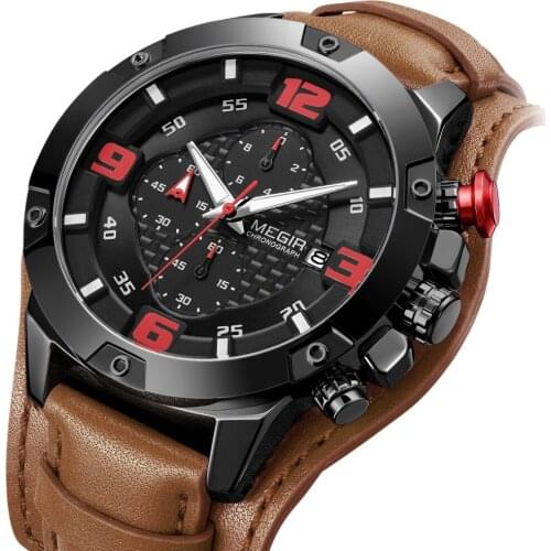Megir Mens Chronograph Analog Quartz Watch with Date Waterproof Sport Watches Leather Strap Wristswatch Man Relogio Masculino