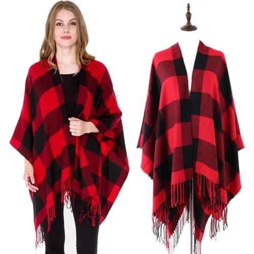 New Hot Winter Design Women Red Buffalo Plaid Blanket Poncho Cape Oversize Shawl Stole
