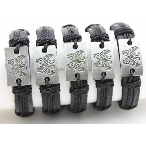 Wholesale Jewelry 12pcs/lot Alloy Design Butterfly Black Leather Bracelets Surf Bangle Wristband Gift MB175