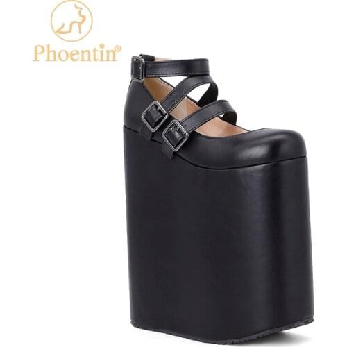 Phoentin Novelty Shoes Super High Heel 23Cm Pumps Women Thick Sole Round Toe Narrow Bands Mary Janes Ankle Strap Wedges FT1496