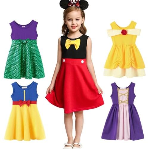 Girls Princess Dress Belle Minnie Mickey Snow White Elena Elsa Anna Frock Aurora Tangled Costumes Mouse Cartoon Birthday Dresses