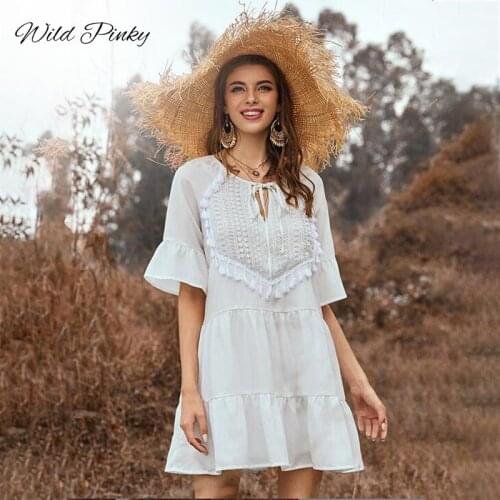 WildPinky Sexy White Women Summer Dress 2020 O-neck Ruffle Bohemia Tassel Dress Vintage Holiday Beach Short Female Vestidos