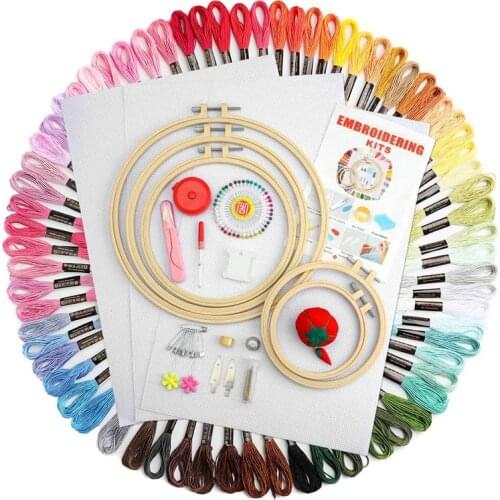 Full Range of Embroidery Starter Kit, 5 PCS Bamboo Embroidery Hoops, 50 Color Threads for Beginners Hand Sewing Needles
