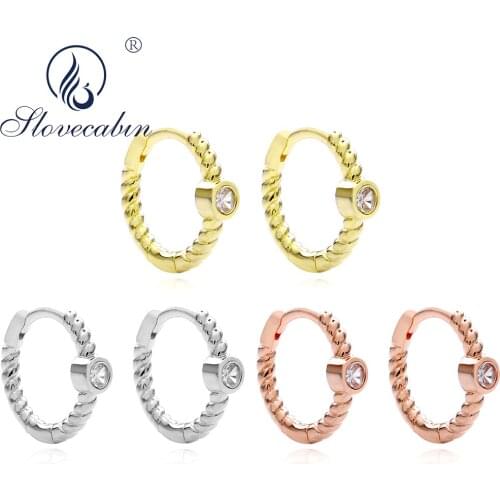 Slovecabin Real 100% 925 Sterling Silver Round CZ Hoop Huggies Earrings For Women Luxury Femme Punk Rock Fine Jewelry Women Gift