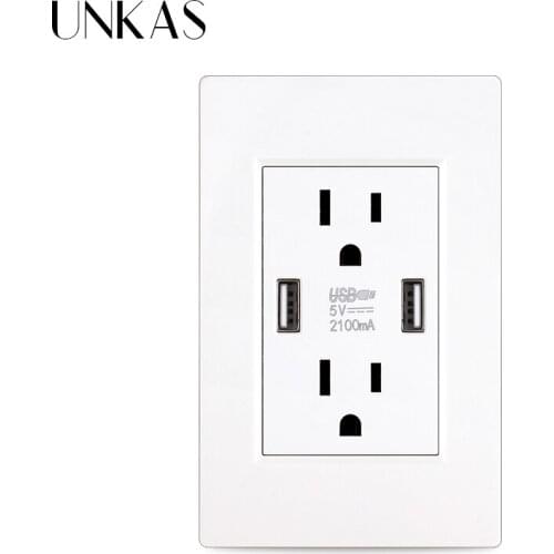 UNKAS White Black Plastic 2 US Power Socket 15A With Dual USB Port Charger For Phone Japan America Canada Mexico 118mm Outlet