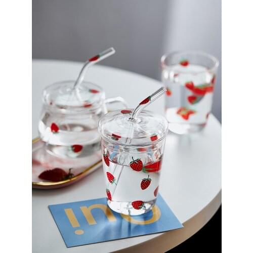 350ml Strawberry Glass Girl Star Letter Pattern Glass with Straw Juice Milk Tea Coffee Wine Creative Cup Gift for Childen