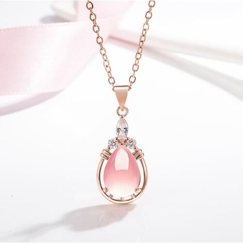 Exquisite Rose Gold Plated Filled Pink Crystal Pendant Necklace Elegant Charming Chain Pink Quartz Stone Necklace Women Jewelry