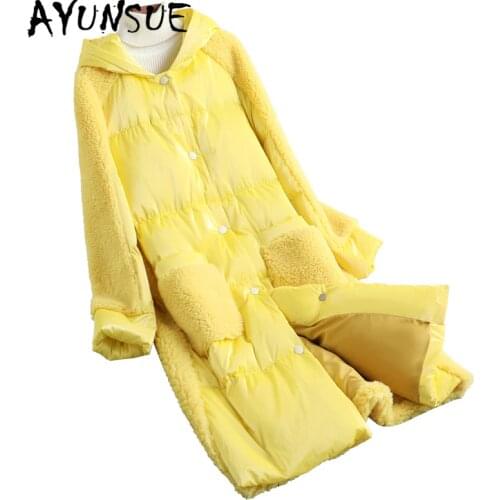 AYUNSUE Real Fur Coat Female Sheep Shearling White Duck Down Jacket Women Winter Clothes 2020 Long Sheep Fur Parkas Hooded 19760