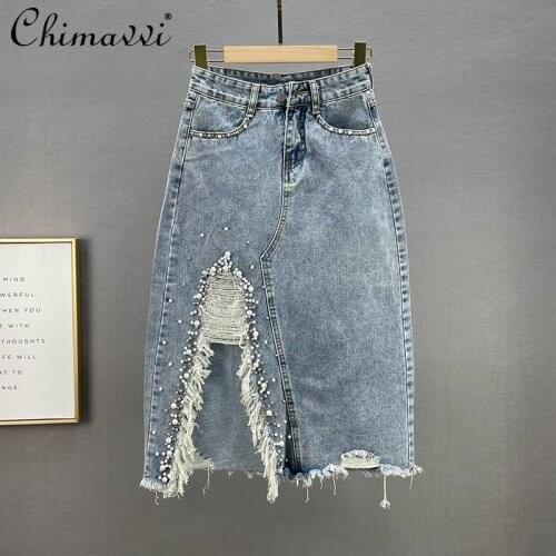 Beaded Denim Skirt for Women 2021 Summer New High Waist Slim Slit Raw Hem Ripped Midi Skirt Fashion Street Clothing Skirts