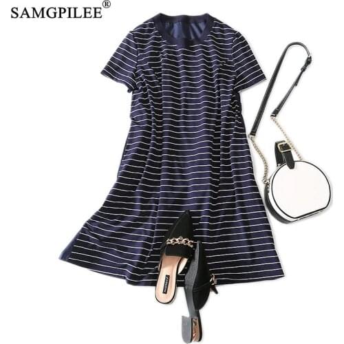 Women Summer Clothes Vestido Casual A-line Striped Short Sleeve Plus Size Women Dresses Empire O-neck Summer Dress Womens Vadim