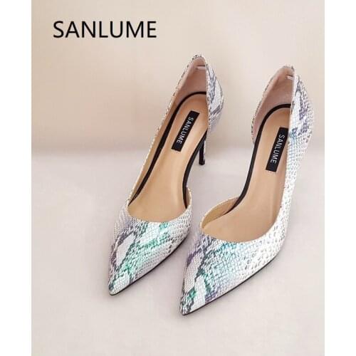 SANLUME Mixed color Women Elegant Genuine leather Side empty High heels office shoes Pumps Lady Pointed Toe inside sheepskin