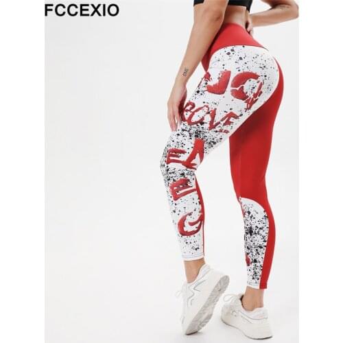 FCCEXIO Women Red Leggings Fashion Abstract Letter Printing Legging Sexy Silm High Waist Stretch Trouser Pants Push Up Jogging