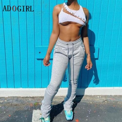 Adogirl Women Stacked Joggers Sweatpants Ruched Legging Solid Tracksuit Fashion Sporty Casual Trousers Workout Streetwear Plus
