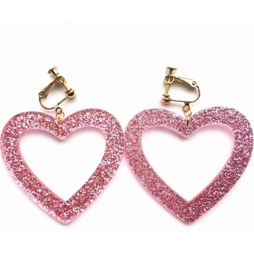 UJBOX Pink Heart Earrings Glitter Sequin Resin Screw Clip on Earrings for Women Girls No Piercing Earrings Jewelry Gift