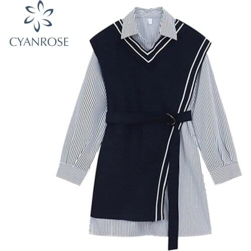 Womens Two Piece Outfits Korean Streetwear Style Striped Shirt Dress And Knitted Vest Belt Female 2021 Autumn Casual Clothing