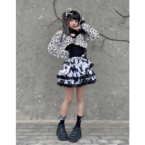 New Spring Autumn Japanese Women Harajuku Punk Black Cow Pattern Long Sleeve Gothic Off Shoulder Fashion Cool Girl Pullover