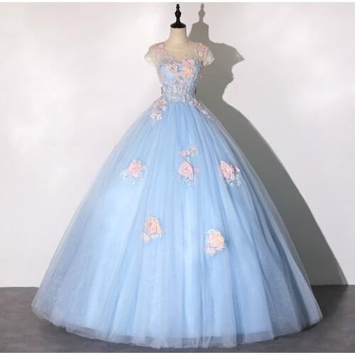 Vestidos Light Blue Quinceanera Dress Short Sleeve Ball Gown Vintage Floral Print Quinceanera Dresses Robe De Bal 2021 Customize