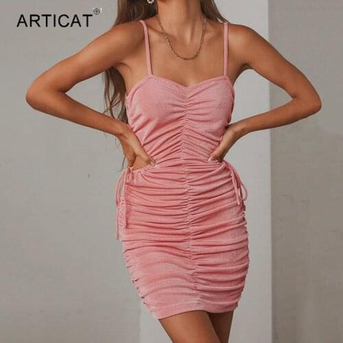 Articat Spaghetti Strap Ruched Hollow Out Summer Mini Dress Women Drawstring Sexy Backless Clubwear High Stretchy Party Vestidos
