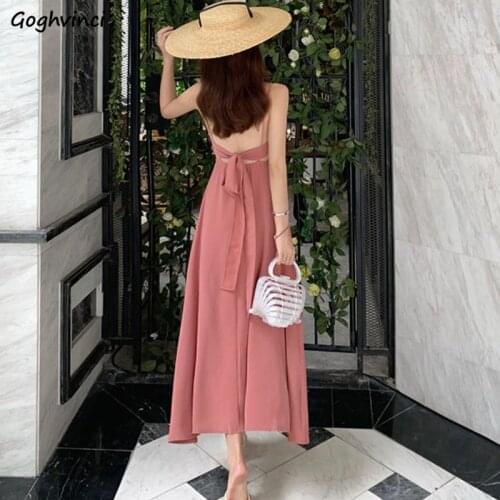 Dress Women Sleeveless Solid Backless Designer Sexy V-neck Temperament Summer Vacation Korean Style Trendy Ankle-length Females