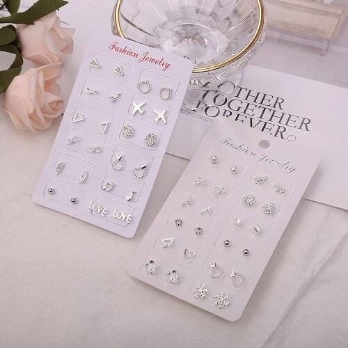 12 Pairs Of Silver Suit Korean Version The New Popular Small Earrings Simple And Versatile Combination Student Girl