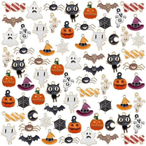 GraceAngie 18PCS Enamel Halloween Charms Mixed Candy Ghost Pumpkin Bat Spider Cat Hat Alloy Pendant Jewelry Making Accessory