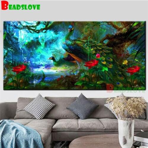 Forest green peacocks diamond embroidery full square round diy diamond painting cross stitch handmade needlework mosaic large