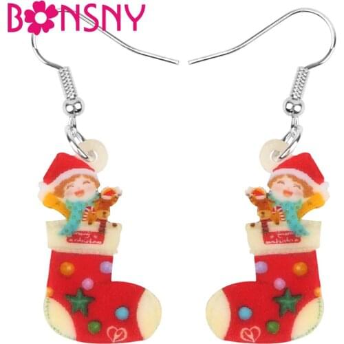 Bonsny Acrylic Christmas Hat Boy Sock Elk Deer Earrings Drop Dangle Decoration Jewelry For Women Girls Teens Kids Gift Accessory