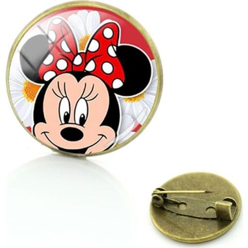 Disney Minnie Brooch Cute Minnie Mickey Pattern Brooch Glass Dome Brooch Clothespin Antique Copper Plated Jewelry
