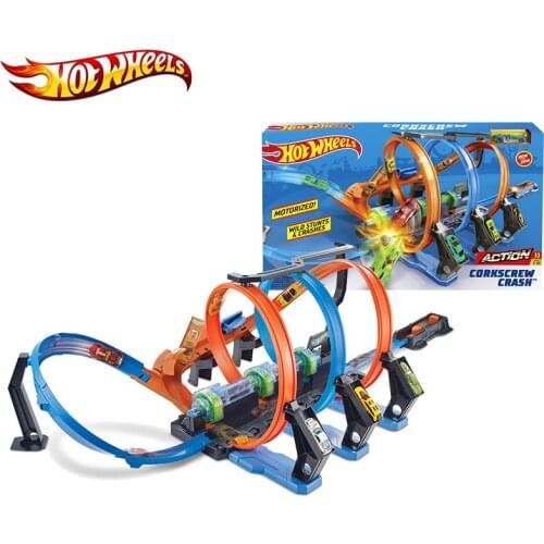 Hotwheels Kids Toys Sport Car Racing Track Corkscrew Crash Track Play Set 360 Degrees Ring Track FTB65 Original Box For Kid Gift
