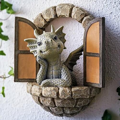 Dinosaur Climbing Window Crafts Resin Statue Garden Decoration Lovely Dragon Courtyard Sculpture Gardening Wall Art Decorations