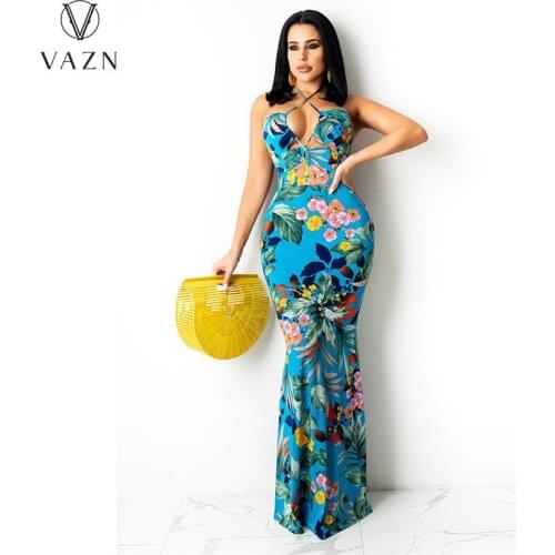 VAZN 2021 Formal Beach Sunshine Shinny Floral Print Maxi Dress Sleeveless Young Chiffon Slim Young Women Dress