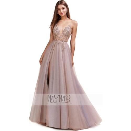 Hot Sale Beading Sleeveless Prom Dresses V Neck Pink High Split Tulle Flowy Sweep Train Evening Gown A-Line Backless Vestido De