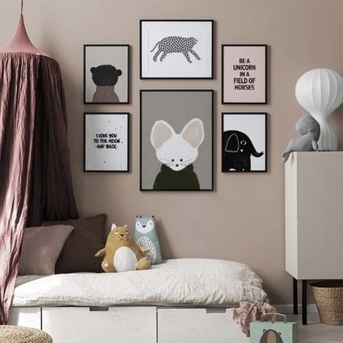 Canvas Painting Wall Poster Cartoon Animals Cat Bear Elephant and Leopard Words Be a Unicorn In a Field of Horses for Home Decor