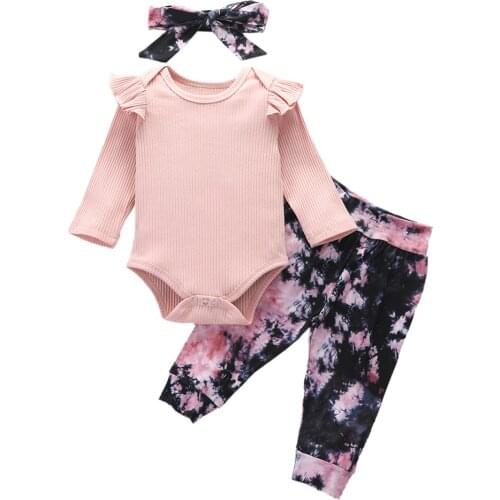 3 Pcs Baby’s Autumn Wear Round-Neck Ruffle Long-Sleeves Rompers Top + Tie-Dry Pants + Hairband Outfit for Toddler Girl 0-2 Years