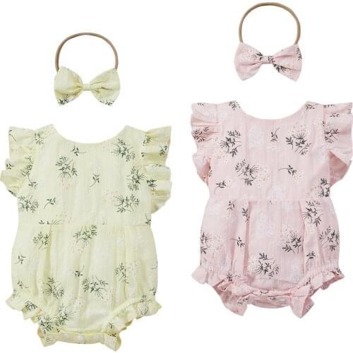Baby Summer Clothing Girls Casual Fly Sleeve Romper Fresh Floral Ruffles Jumpsuits and Headband Sets