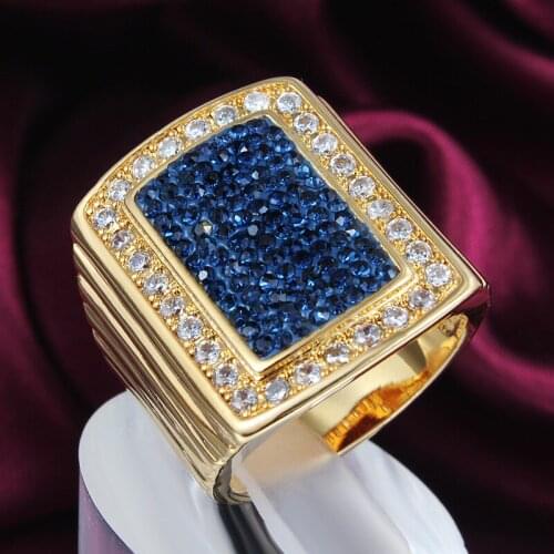 Blue Rhinstone Square Gold Filled Punk Hyperbole Mens Ring Size 7 8 9