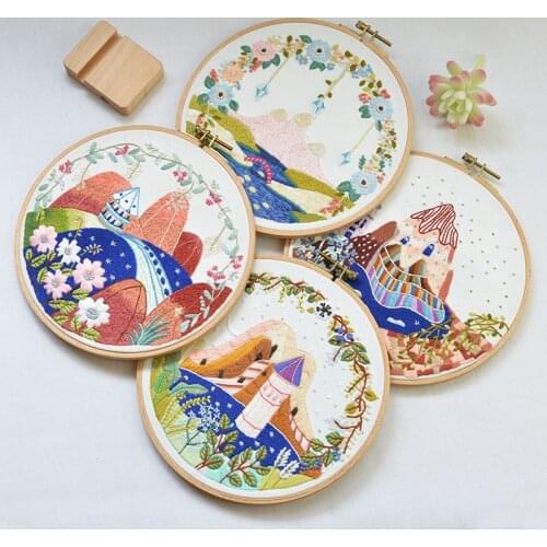 DIY Stamped Embroidery Kit European Style Flowers Scenery Tower Pattern with Embroidery Hoop Floss Threads Needles for Beginners