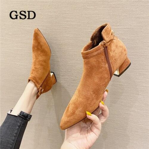 Newest Square heel Women Boots Winter Warm Plush Side Zipper Ankle Boots Pointed Toe Big Size Low heel Martin Boots Women Shoes