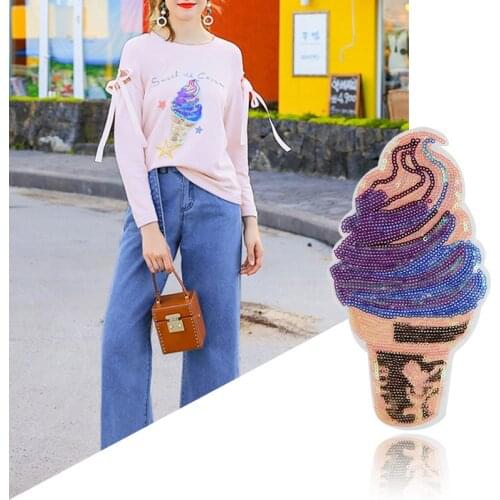 New Ice Cream With Sequined Patches Fashion Applique lron on Patch for Clothes Bags DIY Decal Apparel Accessory 2pcs