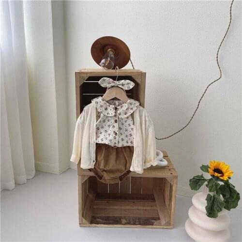 Newborn Clothes Baby Girls Clothes Floral Blouse Doll Collar Short Sleeve Shirt Baby Romper Shorts Hairpin 3pcs2021Newest Summer