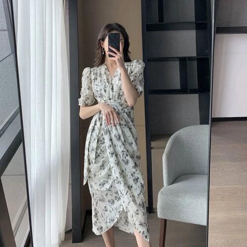 Chiffon Summer Dresses For Women 2021 Korean Fashion Short Sleeve Slit Print Elegant Robe Femme Office Lady Sexy Floral Vestidos