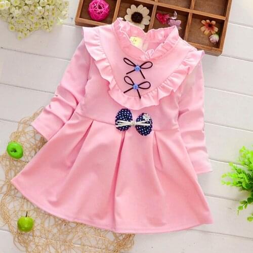 Girls Long Sleeves Dress Spring Autummn Ruffle Bowknot Cute Princess Costume for Kids Birthday Gift 2-9Y