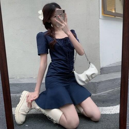 Blue Dress Womens Cotton Puff Sleeve Mini Shirts Dresses Short High Waist Ladies Casual A Line Skirt Cute Dress