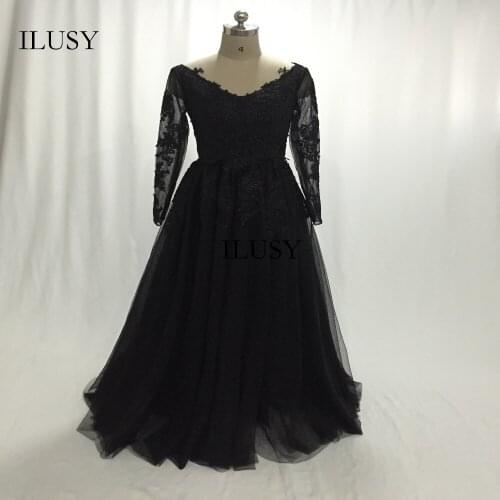 ILUSY Customized Black Mother Of The Bride Dresses Long Sleeve Lace Appliques Mother Dresses robe De Soiree