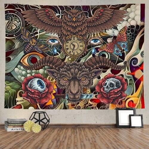 Psychedelic Animal Art Tapestry Owl Goat Head Rose Skull Decoration Living Room Bedroom Decor Background Cloth