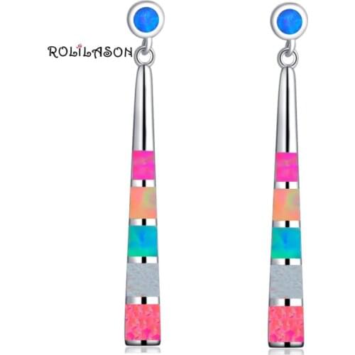 ROLILASON Charming Color Fire Opal Silver Stamped Birthday Gifts Dangle Earrings Anniversary Fashion Jewelry for Women OE599