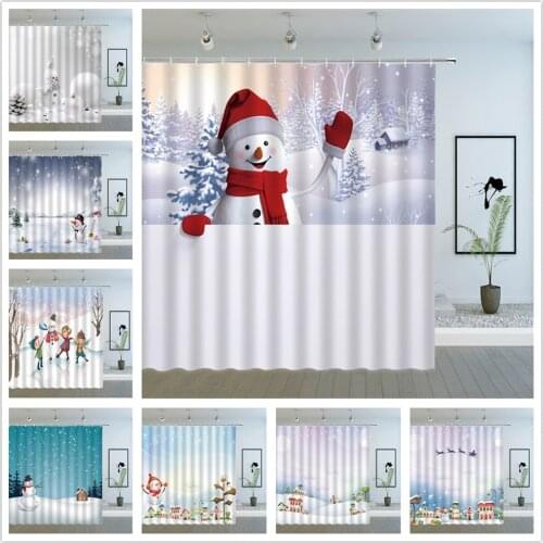 Merry Christmas Shower Curtains Funny Cartoon Snowman Winter Snow Scene House Xmas Decor New Year Child Bath Fabric Curtain Set