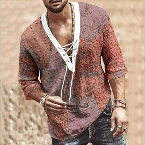 Retro Mens Map Print Shirts Summer Autumn Casual Tie-in Digital Print Sleeves Shirt Lace Up Bandage Loose Blouse Camisa Hombre
